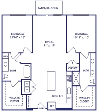 a 2 bedroom 2 bath floorplan. entry bench. L-shaped kitchen with island overlooking living room. bedrooms on opposite sides of floorplan. primary bathroom with double vanity.
