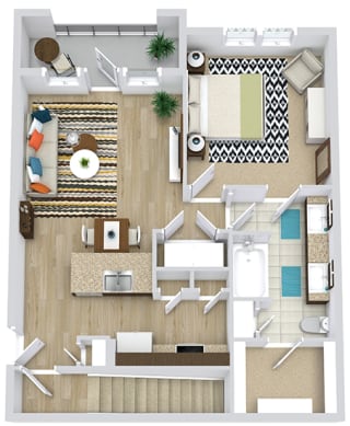 an overhead view of an upstairs 1 bedroom 1 bath apartment. kitchen with peninsula overlooking living area. Laundry closet in short hallway. guest access and bedroom access to bathroom. closet off of bathroom. Patio and Balcony entrance off of the living room.