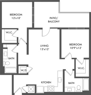 2 bedroom floorplan. L-shaped kitchen overlooking dining and living area.  bedrooms on opposite sides of the apartment. Walk-in closets. 2 bathrooms. W/D in kitchen area.