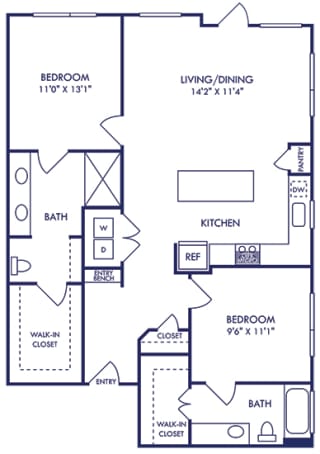 2 bedroom 2 bath floorplan with entry bench and closet. opens to L-shaped kitchen with island overlooking dining/living area. secondary bedroom entrance near front entrance closet.  Primary bathroom and bedroom beside living room. primary bathroom with dual vanity and standalone shower.
