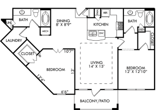 The Rome. 2 bedroom apartment. Kitchen with bartop open to living/dining rooms. 2 full bathrooms. Walk-in closets. Patio/balcony.