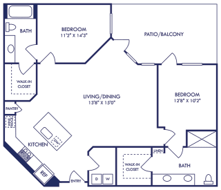 2 bedroom 2 bath floorplan. entrance opens up into kitchen with island overlooking living/dining area. full size washer/dryer in laundry room. bedrooms on opposite sides of floorplan. primary bathroom with dual vanity. patio/balcony access from living room.