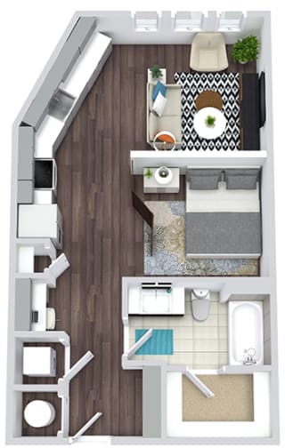 Studio, 1 bath floorplan. entry nook with hooks. Built-in desk, pantry, and Kitchen. Open to Living/dining/sleeping area. Sleep area separated by partial wall. Large closet. W/D.