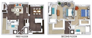 2 bedroom, 2.5 bath Townhome. 1st floor entry nook with half bath, w/d. kitchen with bartop open to dining with butlers pantry. 2nd floor 2 bedrooms. dual sink vanity in primary bath.