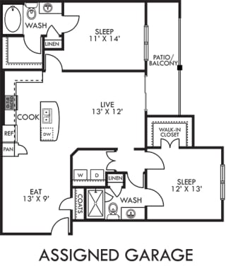 The Topaz with Assigned Garage 3D. 2 bedroom apartment. Kitchen with island open to living/dinning rooms. 2 full bathrooms, shower stall in master. Walk-in closets. Patio/balcony.