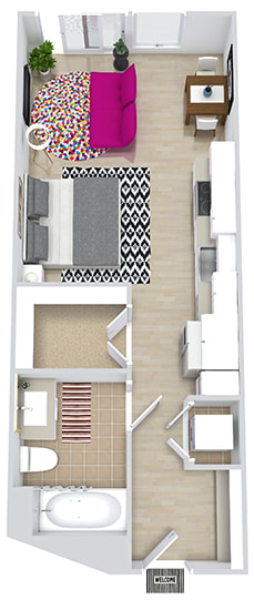 a floor plan of a two bedroom apartment with a walk in closet and a kitchen with a
