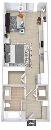 a studio apartment with an entry bench. stackable washer and dryer. Kitchen runs along the back side wall of the apartment with the living and sleeping area along the other side. Walk-in closet and bathroom with garden soaking tub. Juliet balcony access.