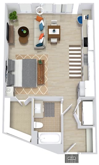 a studio apartment with an entry bench. stackable washer and dryer. Kitchen runs along the back side wall of the apartment with the living and sleeping area along the other side. Walk-in closet and bathroom with garden soaking tub. sliding door access to juliet balcony.