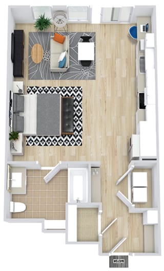 a studio apartment with an entry bench and dry bar. stackable washer and dryer. Kitchen runs along the side wall of the apartment with the living and sleeping area are along the other side. Walk-in closet and bathroom with garden soaking tub. Juliet balcony access.