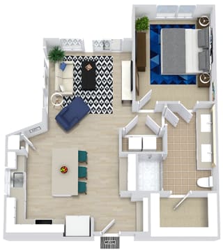 1 bedroom 1 bath floorplan with entry bench. opens to L-shaped kitchen with island and dry bar. overlooking living room. laundry room closet in hallway to bedroom and bath. walk-in closet in bathroom. Patio/balcony.