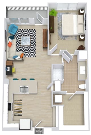 1 bedroom 1 bath floorplan. entry open to kitchen with peninsula. Built-in entry bench. kitchen open to living room. balcony off of living room. bathroom with dual access. stackable washer/dryer in walk-in closet.
