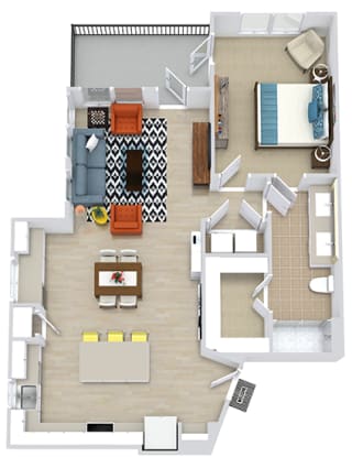 1 bedroom 1 bath. entry bench and opens to kitchen with island. drybar with wine fridge. kitchen overlooks dining/living area. washer/dryer in hallway closet leading to bedroom and dual access bathroom with standalone shower. walk-in closet in bathroom.