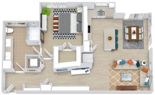 1 bedroom 1 bath floorplan with entry bench. long entry hallway with closet, stackable washer/dryer closet, dry bar with wine fridge. hallway opens up to living/dining. l-shaped kitchen with island and bright window over the sink. Primary bathroom with dual vanity and standalone shower. Patio/balcony