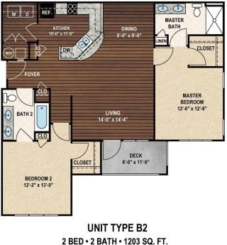 Our B2 The Doolittle floor plan with two bedrooms and two baths. York Woods at Lake Murray Apartment Homes in Columbia, SC.