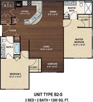 Our B2-S The Wessinger floor plan with two bedrooms and two baths. at York Woods at Lake Murray Apartment Homes, South Carolina, 29212