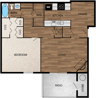 Our 750 square foot one bedroom floor plan