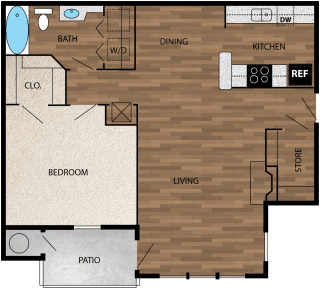 Our 843 square foot one bedroom floor plan