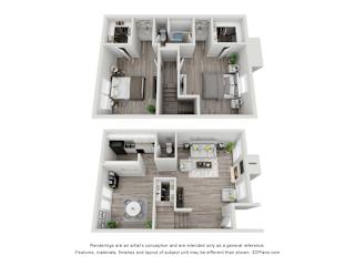 a stylized floor plan with a bedroom and a living room