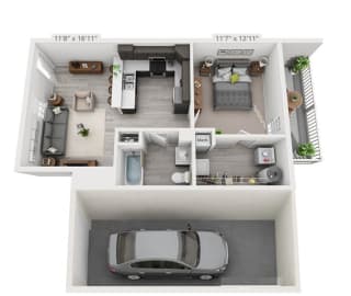 Floor Plan 1 Bedroom with attached Garage - 680sf