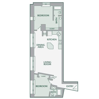 Floor Plan 2 Bedroom, 2 Bathroom - 900 SF