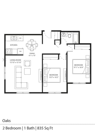 the floor plan of oaks 2 bedroom unit