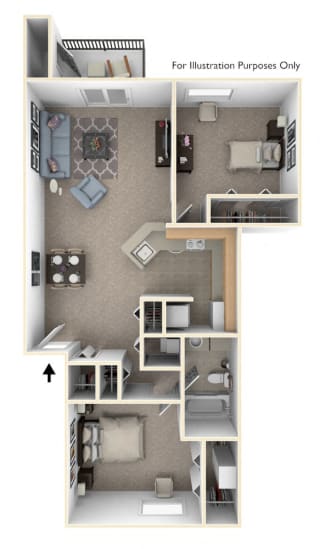 Two Bedroom, One Bathroom Floor Plan at Windmill Lakes Apartments, Holland