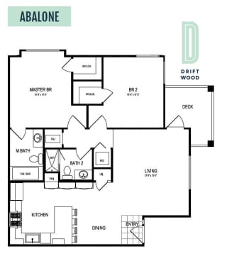 Abalone - 2 Bedroom 2 Bath Floor Plan Layout - 1073 Square Feet