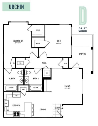 Urchin - 2 Bedroom 2 Bath Floor Plan Layout - 1073 Square Feet