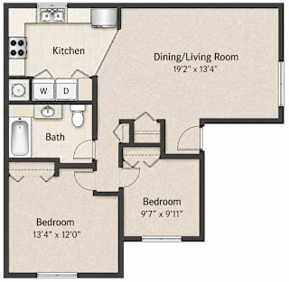 A floor plan of a small apartment with a kitchen, dining/living room, and two bedrooms.