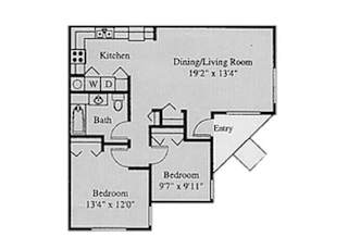 A floor plan of a home with a kitchen, dining/living room, bath, and two bedrooms.