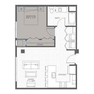 A floor plan of a small apartment with a bedroom, living room, kitchen, bathroom, and laundry area.