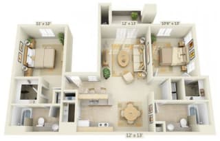 Stoneridge Apartments Limestone 2x2 Floor Plan 1077 Square Feet