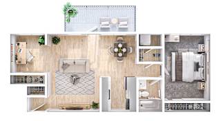 A top-down view of a small apartment layout with a kitchen, living room, and bedroom.