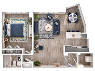 A top-down view of a house layout with a kitchen, living room, and bathroom.