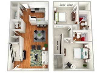 AZALEA 2 Bed 2.5 Bath Floor Plan at Sundance Creek Apartments, McDonough