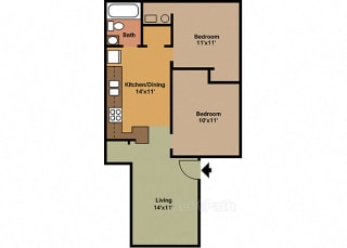 2 Bedroom, 1 Bathroom Floor plan at The Court at Sandstone Apartments, Indiana, 46142