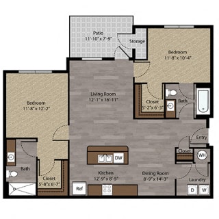 Two Bedroom Floor Plan at Landings Apartments, The, Bellevue, NE, 68123