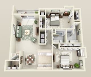 Two Bedrooms Two Baths, Washer/Dryer, 1150 sq. ft. Floor Plan at Dover Hills Apartments in Kalamazoo, MI