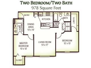 2 Bedroom 2 Bath Floor Plan, 978 Square Feet