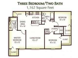 3 Bedroom 2 Bath Floor Plan, 1,162 Square Feet