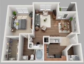 1 Bed 1 Bath Floor Plan | 776 Sq. Ft. at Volare at the Woodlands, The Woodlands, TX, 77384