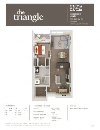 Triangle Redmond WA C1A 1 Bedroom 797 SQ FT
