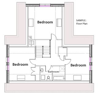 A floor plan shows a house layout with four bedrooms and a bathroom.