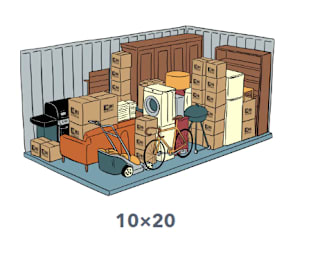 A cartoon image of a room with a lot of boxes and furniture.