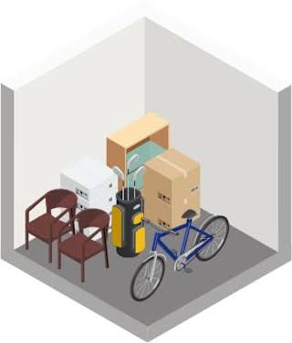 A blue bicycle is loaded with boxes and a chair is placed next to it.