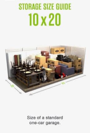 A storage size guide shows the size of a standard one-car garage.