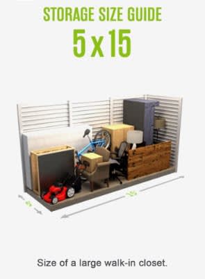 A storage size guide shows the size of a large walk-in closet.