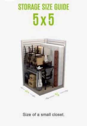 A storage size guide shows how much can fit in a small closet.