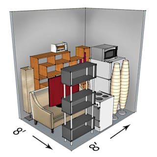 A 3D diagram of a room with a chair, a microwave, a toaster, and a stack of cups.