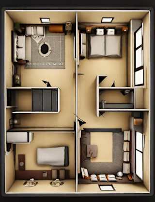 A 3D floor plan of a small apartment with two bedrooms, a bathroom, and a kitchen.